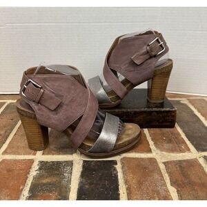 Sofft Christine Stacked Heel Sandals Women's 9 Leather Brown Silver Strappy